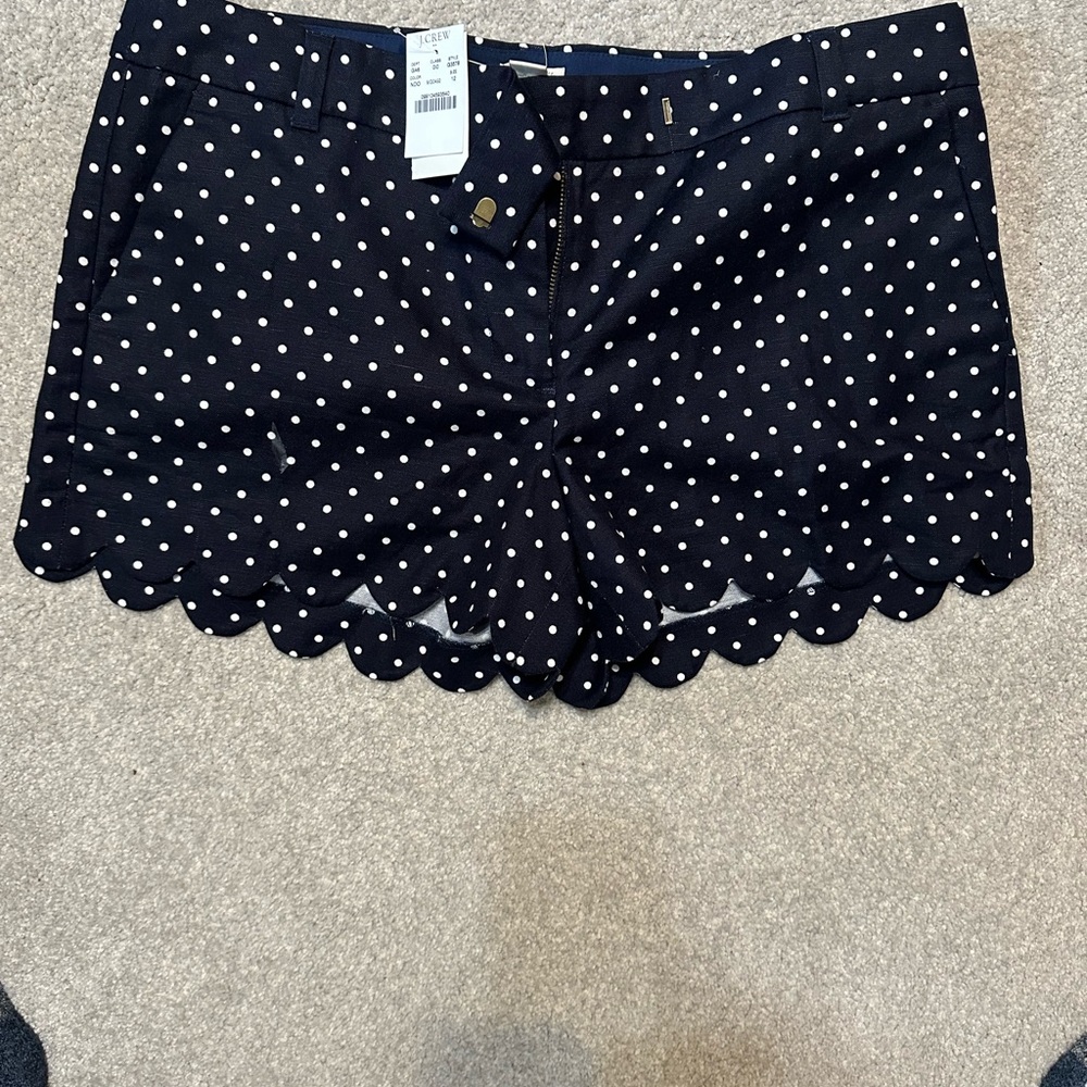 NWT. J. Crew navy and white polka dot scallop hem 4inch shorts. Size 12.